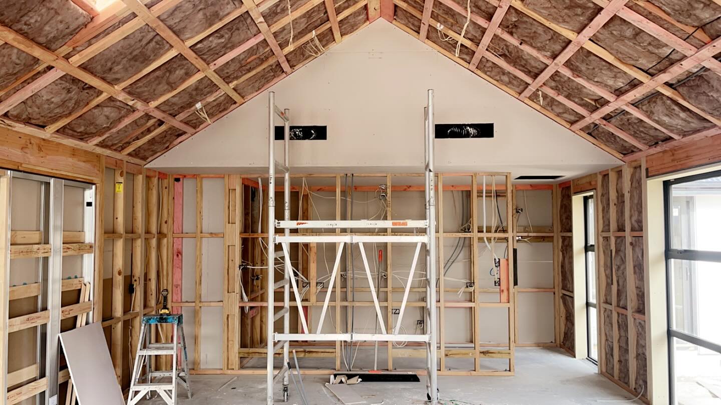 Interior framing and insulation with a partially lined gable ceiling